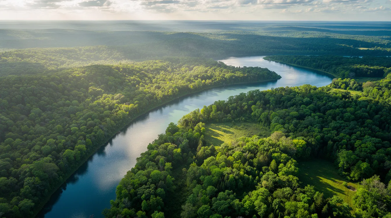 An aerial view showcases a lush, dense green forest interspersed with a winding river, symbolizing the importance of carbon offset conservation projects. This serene landscape highlights the beauty of nature and the efforts to protect it, appealing to travelers interested in eco-friendly destinations and sustainable practices.