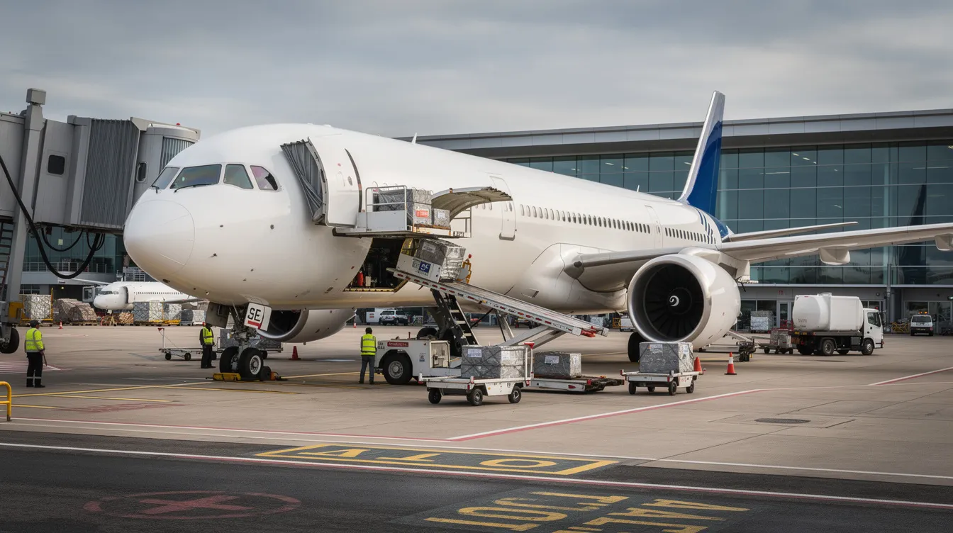 A wide-body commercial aircraft, representing United Airlines, is parked at an international airport gate with a jet bridge connected, while ground crew members prepare for passenger boarding. The scene reflects the bustling atmosphere of air travel, highlighting the importance of priority boarding and the comfort of first class seats for an upcoming United flight.