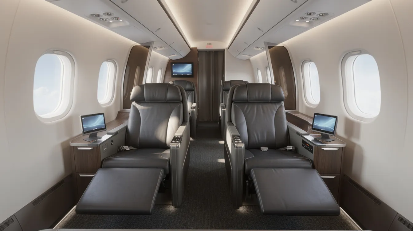 The image depicts the interior of a modern narrow-body commercial airplane first class cabin, featuring luxurious leather recliner seats arranged in a two-by-two configuration, ideal for travelers seeking comfort on long-haul international flights with United Airlines. The spacious seating arrangement provides ample personal space and is complemented by in-flight entertainment options and full meal service, making it a premium choice for those flying first class.