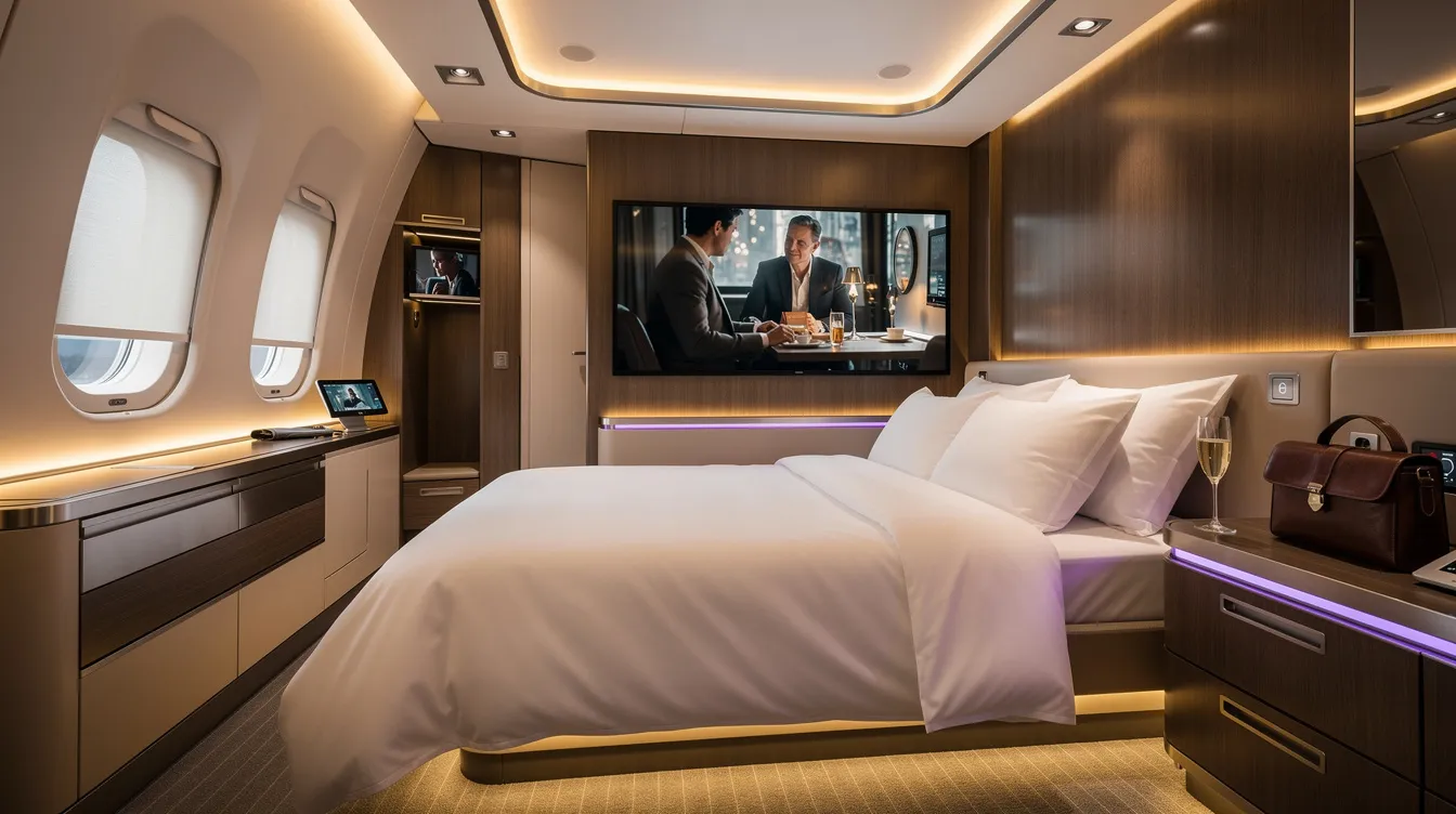 The image depicts a luxurious first class suite in a widebody aircraft, featuring a lie flat bed, ambient lighting, and a large entertainment screen, designed for first class passengers seeking comfort and privacy during their international flights. The spacious cabin offers a premium experience with personalized service and ample legroom.