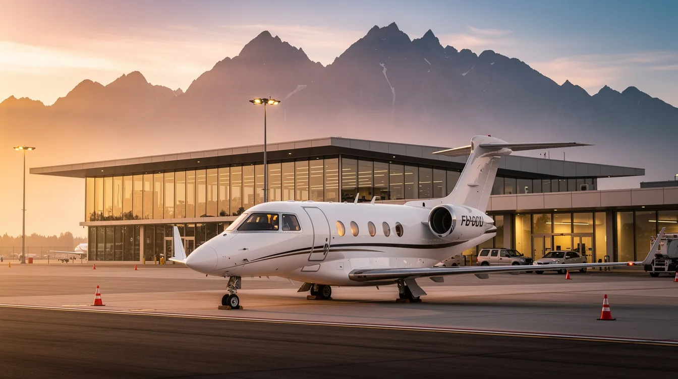 A small private jet is parked at a modern Fixed Base Operator (FBO) terminal during sunset, with majestic mountains in the background. The scene captures the essence of luxury travel, often associated with first class passengers and exclusive flight services.