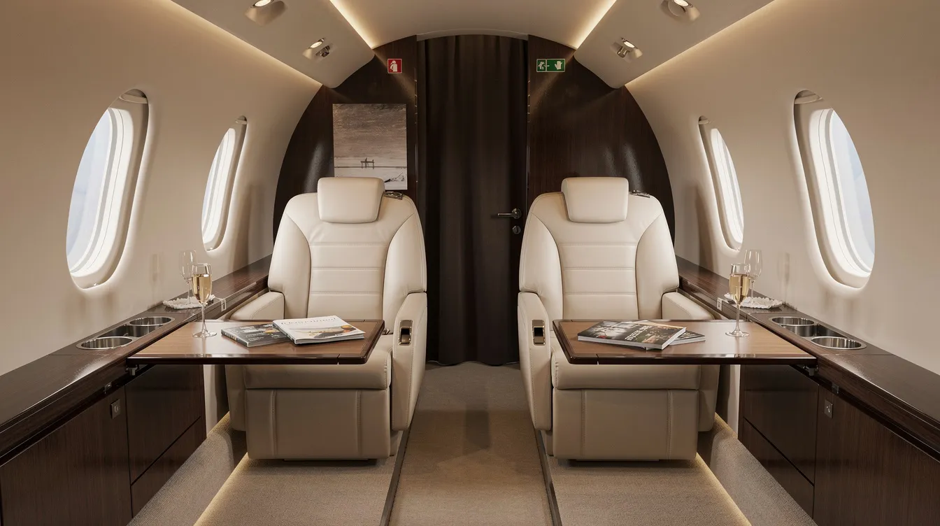 The image depicts the interior of a luxurious private jet cabin featuring cream leather seats arranged for first class passengers, complemented by soft ambient lighting that enhances the spacious and elegant atmosphere. This first class cabin is designed for comfort and exclusivity, providing an ideal setting for a premium flying experience.