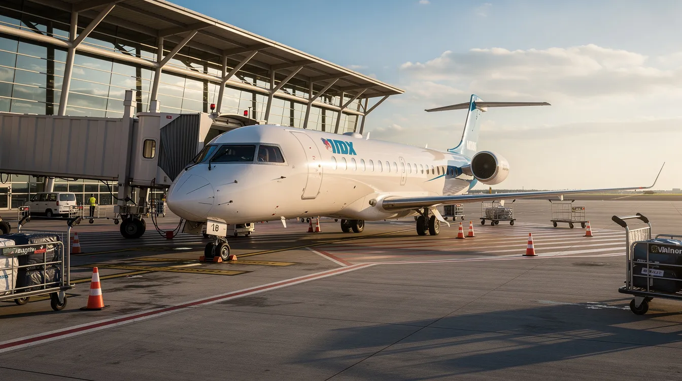 A small Embraer 175 regional jet is parked at a sunlit airport terminal gate, ready for boarding. The scene captures the aircraft's sleek design, highlighting its first class cabin where passengers can enjoy comfortable seats and in-flight entertainment on regional flights.