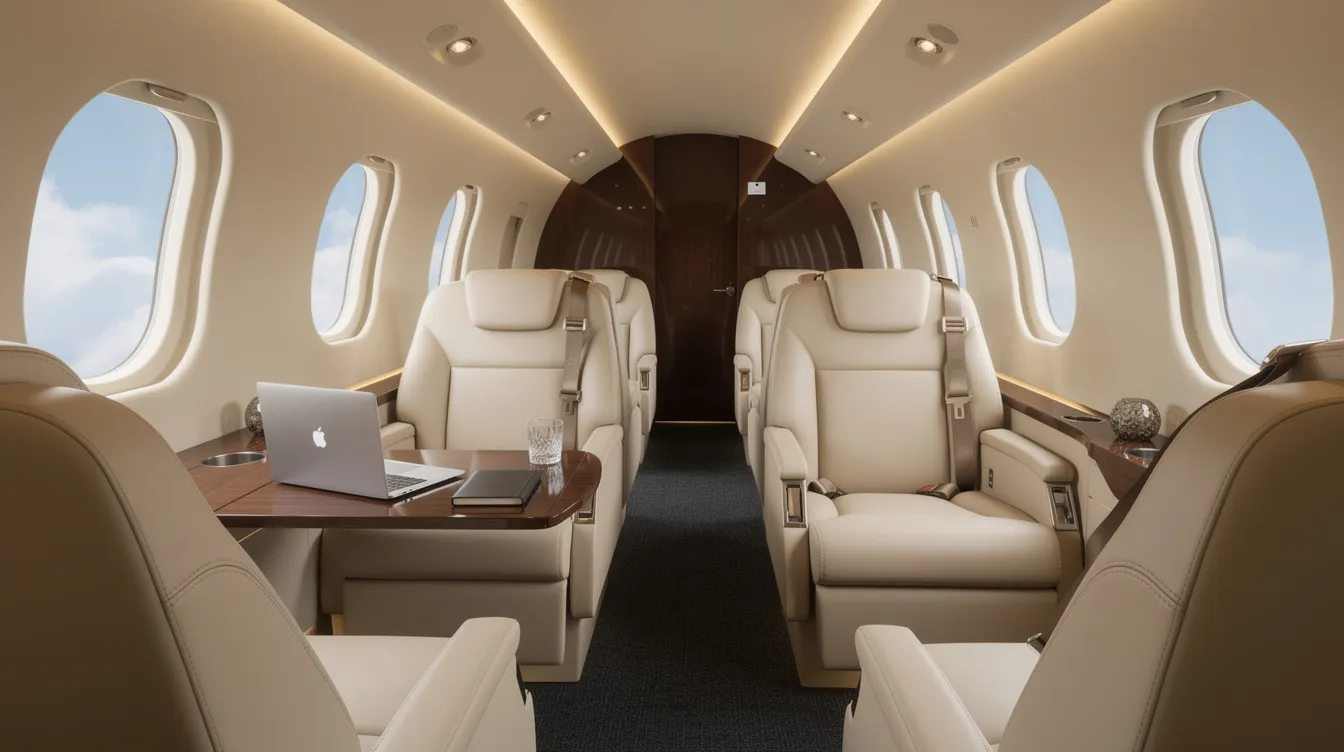 The image shows the interior of a private jet featuring cream leather club seats arranged in a first class cabin, complemented by a small work table for passengers. This luxurious setting is designed for comfort and convenience, perfect for those flying on regional jets or enjoying a first class flight experience.