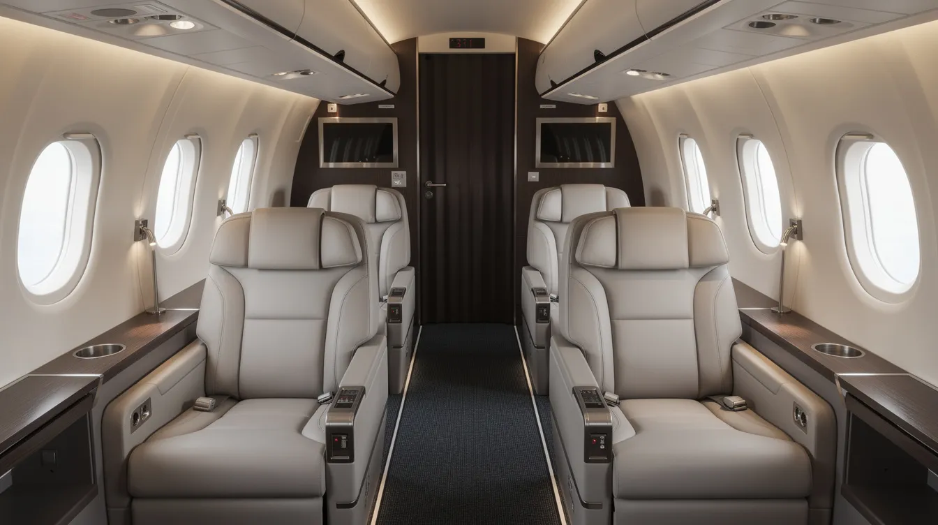 The image showcases the interior of a premium airplane cabin featuring spacious leather seats arranged in pairs along either side of the aisle, characteristic of Alaska Airlines first class. The design emphasizes comfort and luxury, ideal for passengers seeking an elevated flying experience.