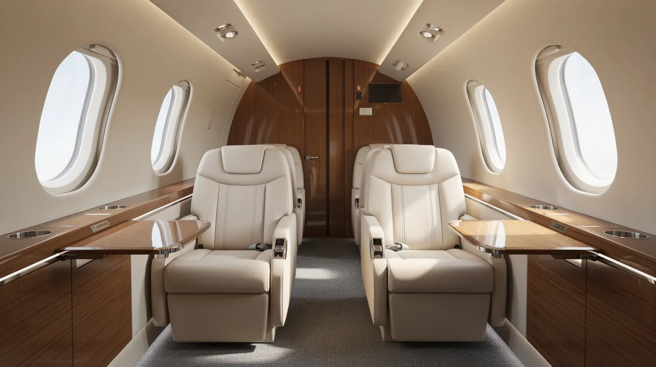 The image depicts the interior of a modern light jet cabin, featuring plush cream leather seats and elegant wood-grain accents, ideal for private jet travel. This luxurious setting emphasizes the comfort and sophistication of private aviation, making it perfect for travelers seeking personalized service and greater flexibility in their journeys.