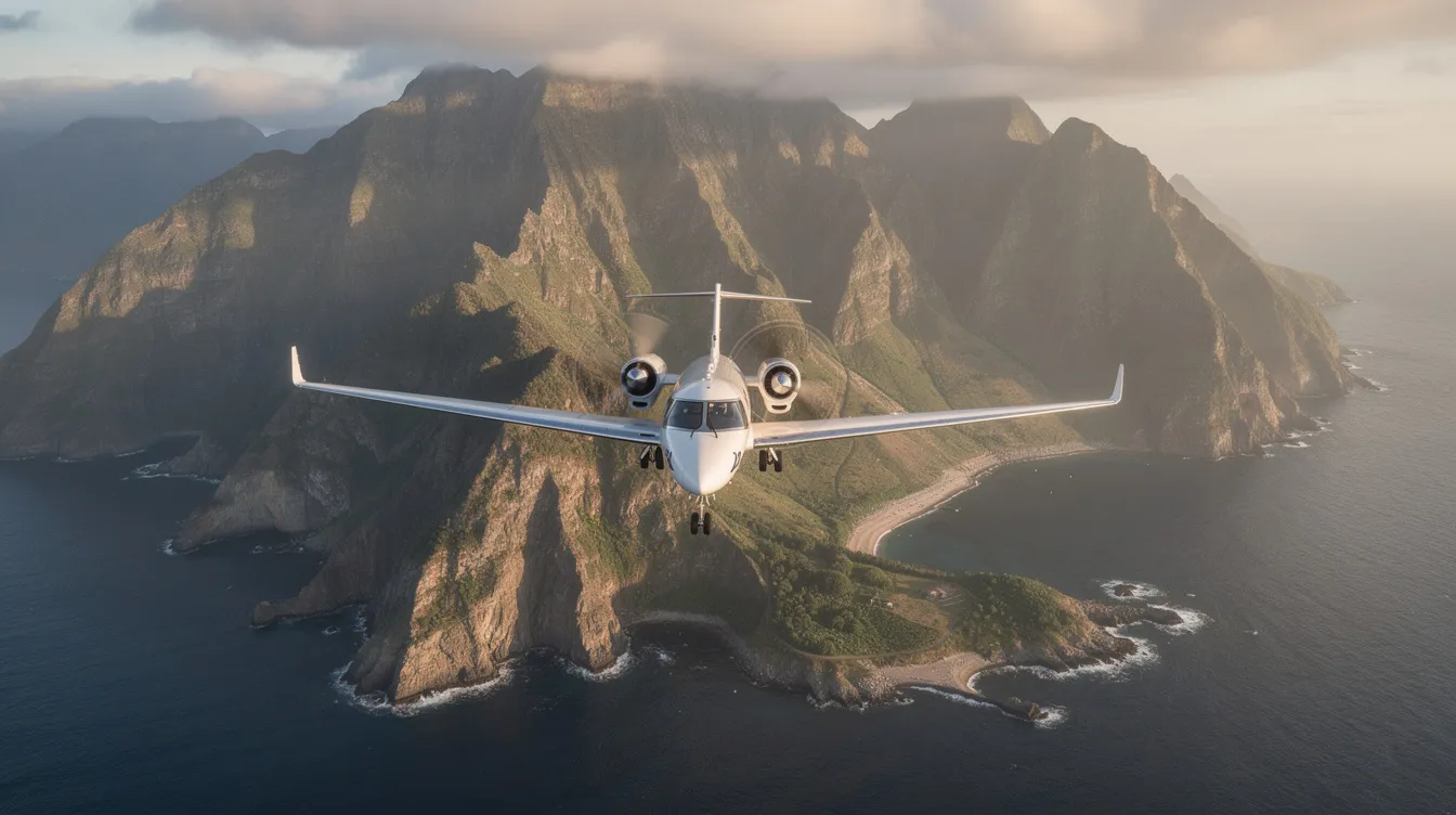 An aerial view captures a small private jet soaring over a stunning mountainous coastal landscape, showcasing the beauty of private air travel. This image highlights the flexibility and luxury of private jet charter services, ideal for travelers seeking personalized service and efficient regional trips.