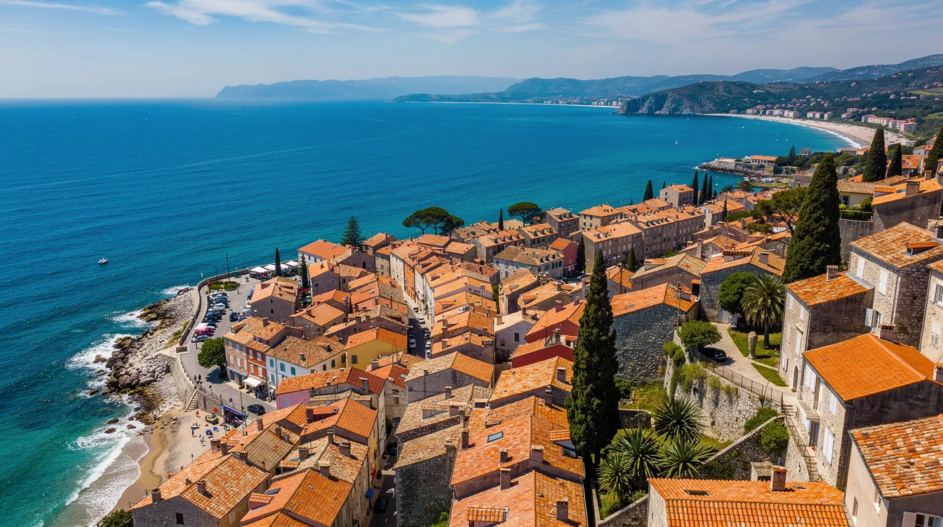 An aerial view of a picturesque seaside town featuring terracotta rooftops nestled along a stunning Mediterranean coastline. The vibrant colors of the buildings contrast beautifully with the deep blue of the sea, creating a serene and inviting atmosphere perfect for travelers ready for adventure.
