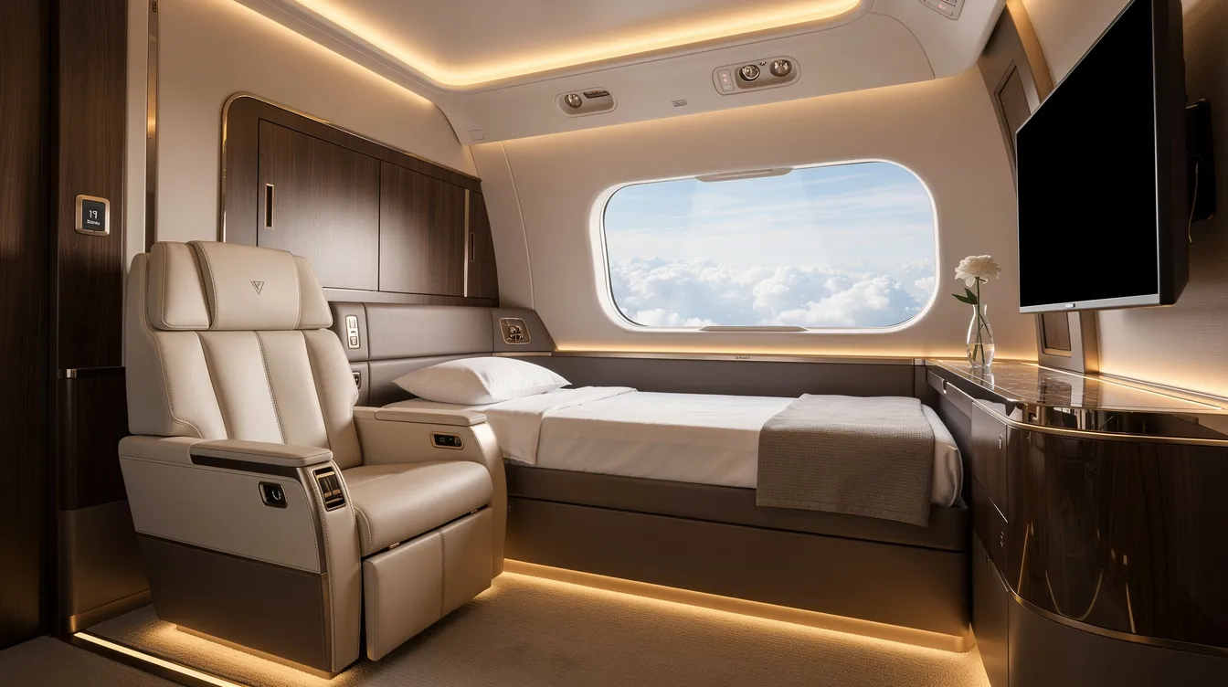 The image depicts a luxurious first class suite interior featuring ambient mood lighting and a large window showcasing a view of fluffy clouds. The spacious design includes lie flat seats and elegant amenities, creating an inviting atmosphere for first class passengers.