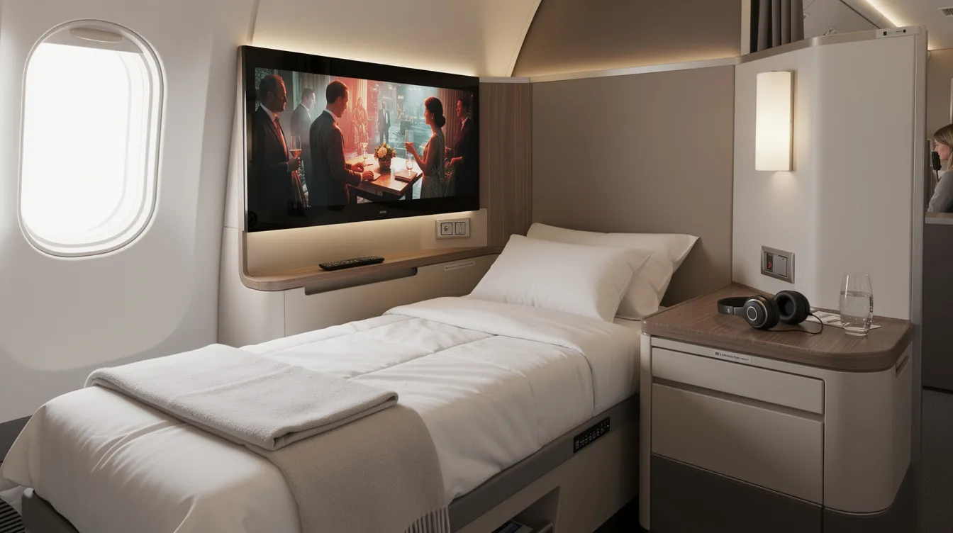 The image depicts a luxurious first class suite on an airplane, featuring a fully flat bed with plush bedding, a large personal entertainment screen, and ample space for relaxation, highlighting the premium experience for first class passengers. This first class cabin offers an elegant ambiance, ensuring comfort and privacy during the flight.
