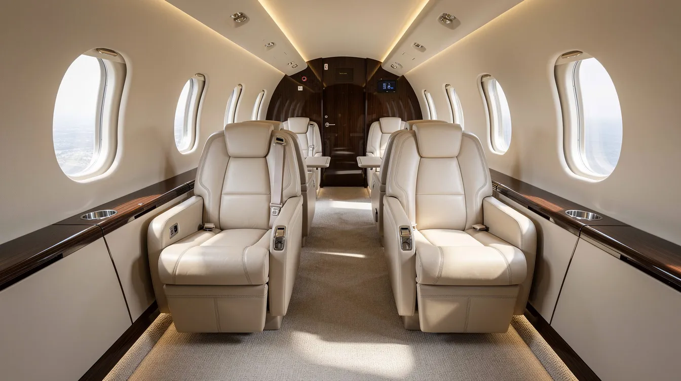 The image depicts the interior of a large-cabin private jet featuring spacious leather seats, a wide aisle, and abundant natural light streaming through oval windows, creating a luxurious first class experience for passengers. This elegant setting is designed for utmost comfort, reminiscent of premium business class amenities.