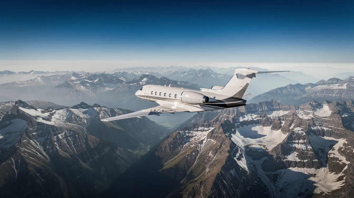 An aerial view captures a sleek private jet soaring above majestic snow-capped mountain peaks under a clear blue sky, symbolizing the luxury and exclusivity of flying private. This image evokes the experience of first class passengers enjoying their journey in a world of comfort and elegance.