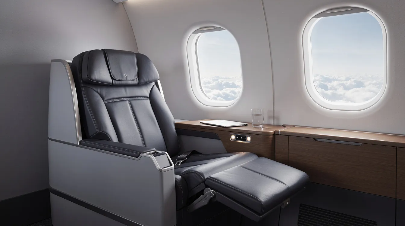 The image depicts a luxurious premium airline seat in a first class cabin, positioned next to a large window revealing fluffy clouds outside. This comfortable seat is designed for a premium travel experience, ideal for long haul international flights, offering features such as direct aisle access and ample legroom.