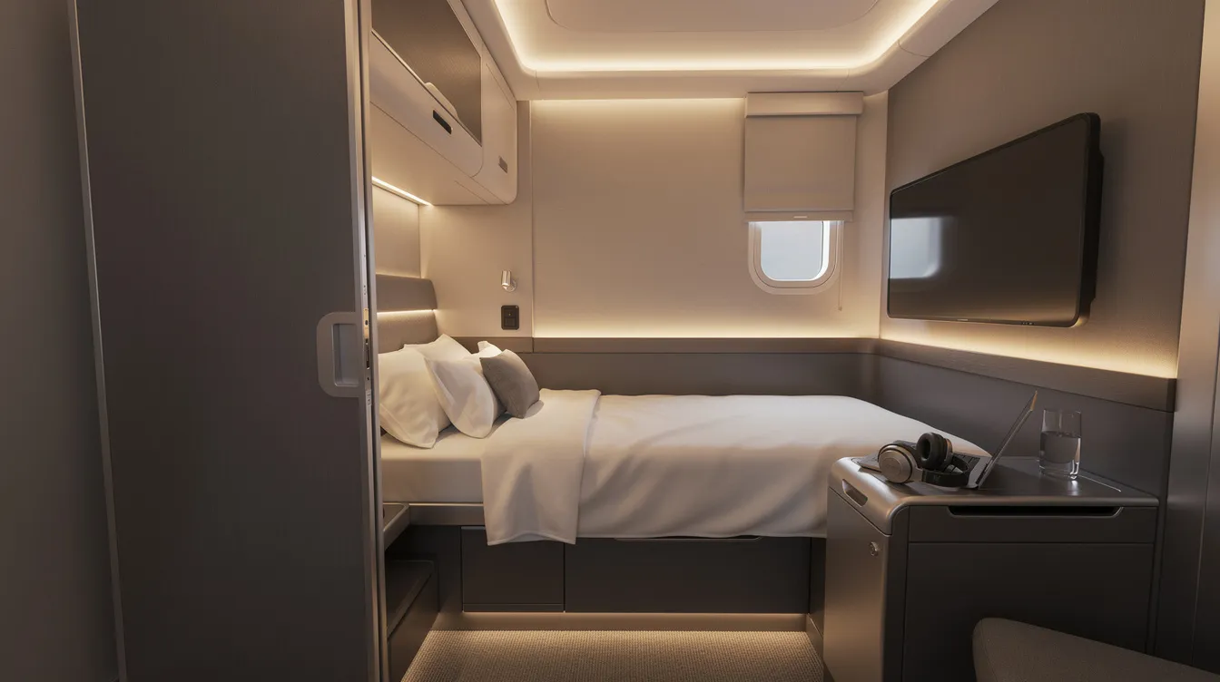 The image showcases a modern business class suite featuring a closed door, ambient lighting, and a lie-flat bed, embodying the luxury of Delta's international business class experience. This private space is designed for comfort, perfect for long haul international flights and providing a premium travel experience for first class passengers.