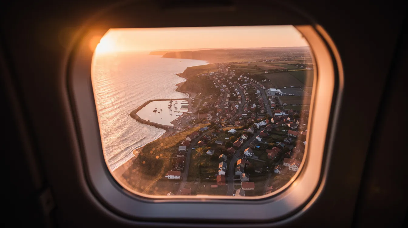 The image shows a picturesque seaside town bathed in the warm hues of sunset, viewed from above through an aircraft window during the approach for landing. The scene captures the tranquil beauty of the coast, highlighting the charm of the town as it glows under the evening sky, creating a perfect backdrop for travelers enjoying their delta one experience.
