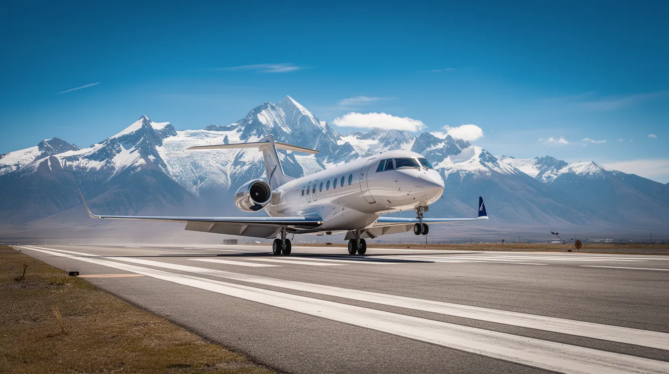 A private jet is taking off from a runway, soaring into a clear blue sky with majestic mountains in the background. This image captures the luxury of first class flights, evoking the experience of premium travel.