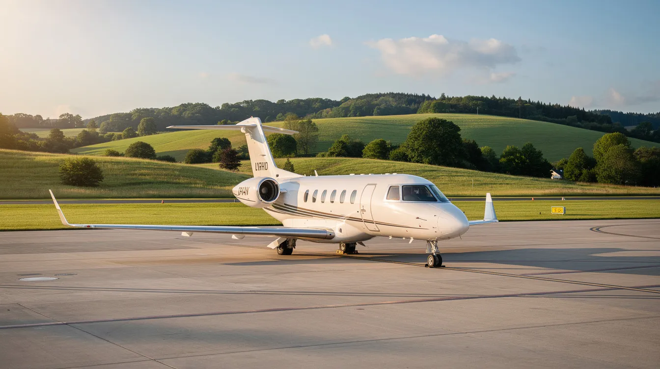 A small private jet is parked on the tarmac of a regional airport, with lush green hills visible in the background, suggesting a serene setting for first class passengers embarking on their journey. The scene conveys an air of exclusivity and comfort often associated with international first class travel.