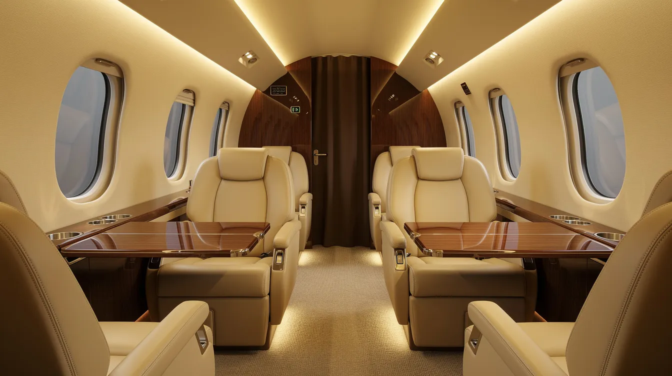 The image depicts the interior of a spacious international first class cabin, featuring wide leather seats with warm lighting that enhances the feeling of privacy. The luxurious atmosphere is complemented by amenities designed for first class passengers, such as direct aisle access and a sense of exclusivity.