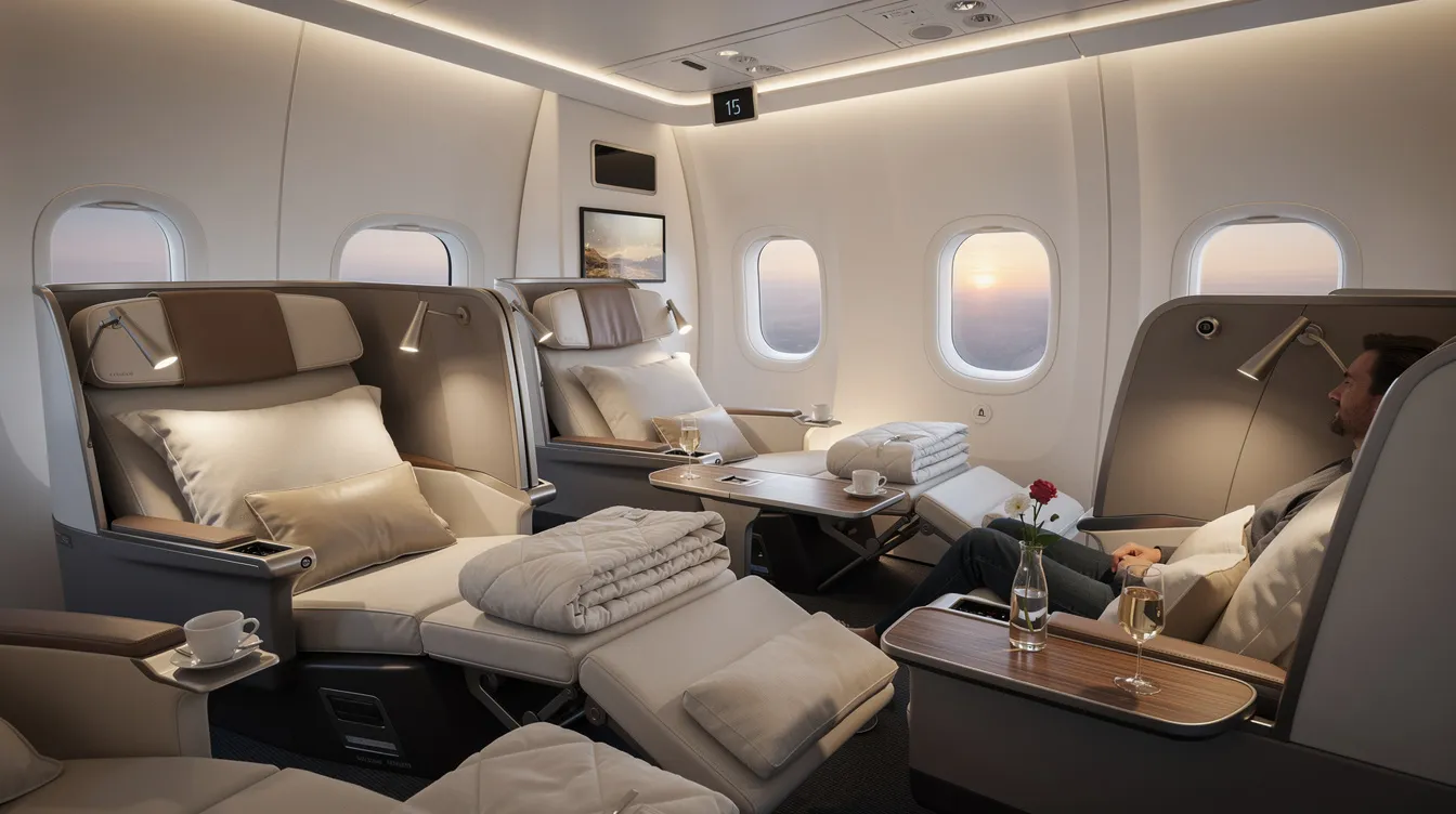 The image depicts the interior of a premium airline cabin featuring lie-flat seats arranged in just two rows, illuminated by soft lighting that creates a relaxing atmosphere. This first-class experience on American Airlines offers more space, wider seats, and a luxurious setting for travelers on both domestic and international flights.
