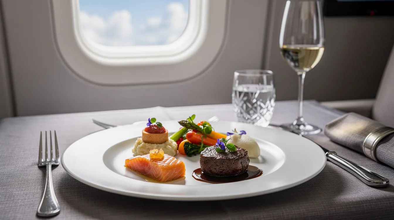 An elegant multi-course meal is beautifully arranged on a white plate, served aboard an American Airlines first class flight. The presentation reflects the fine dining experience that passengers can expect during their journey on domestic or international flights.