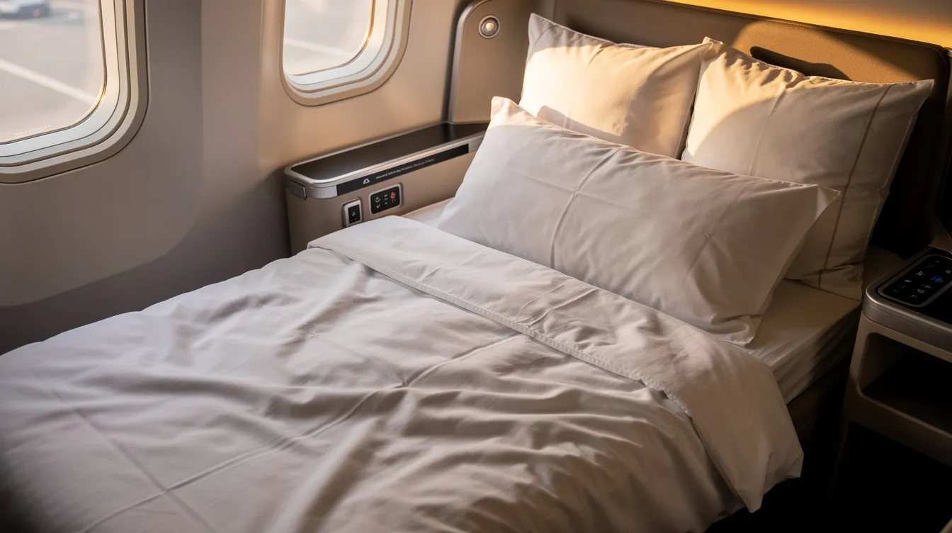 A close-up view of a lie-flat airplane bed featuring a luxurious white duvet and premium pillows, designed for an exceptional first class experience on American Airlines flights. This image highlights the comfort and space offered in domestic and international first class cabins, perfect for a restful journey.