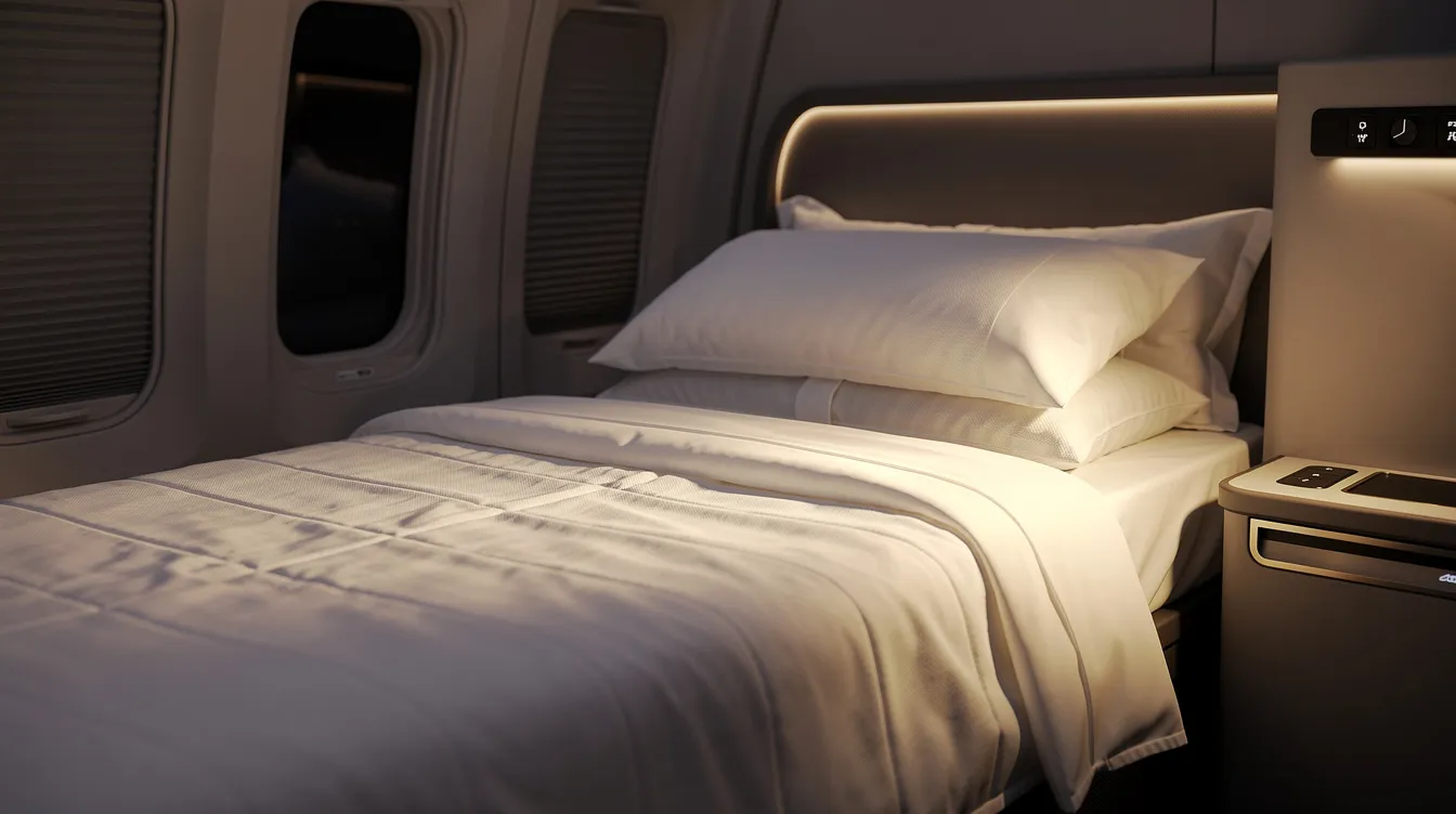 A close-up view of a premium lie-flat airplane bed in a dimly lit cabin features a plush white duvet and multiple pillows, showcasing the luxurious comfort offered to business class passengers on long haul international flights with airlines like United Polaris and Delta One. The inviting bedding and serene atmosphere highlight the elevated experience provided in premium cabins.