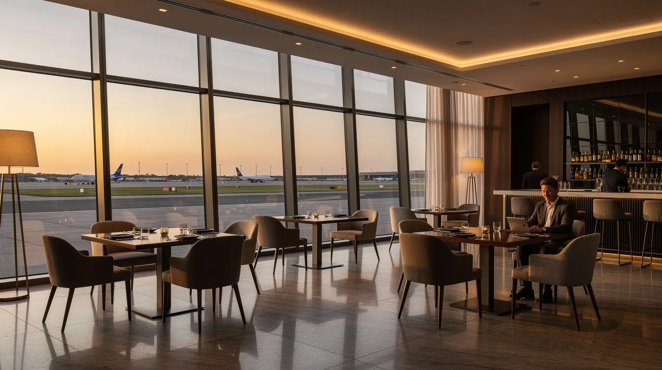 The image depicts a modern airport lounge interior featuring floor-to-ceiling windows that allow natural light to flood the space, complemented by elegant dining tables and soft ambient lighting, creating a relaxing atmosphere for business class passengers. This luxurious setting is reminiscent of United Polaris lounges, designed to enhance the travel experience for those on long haul international flights.