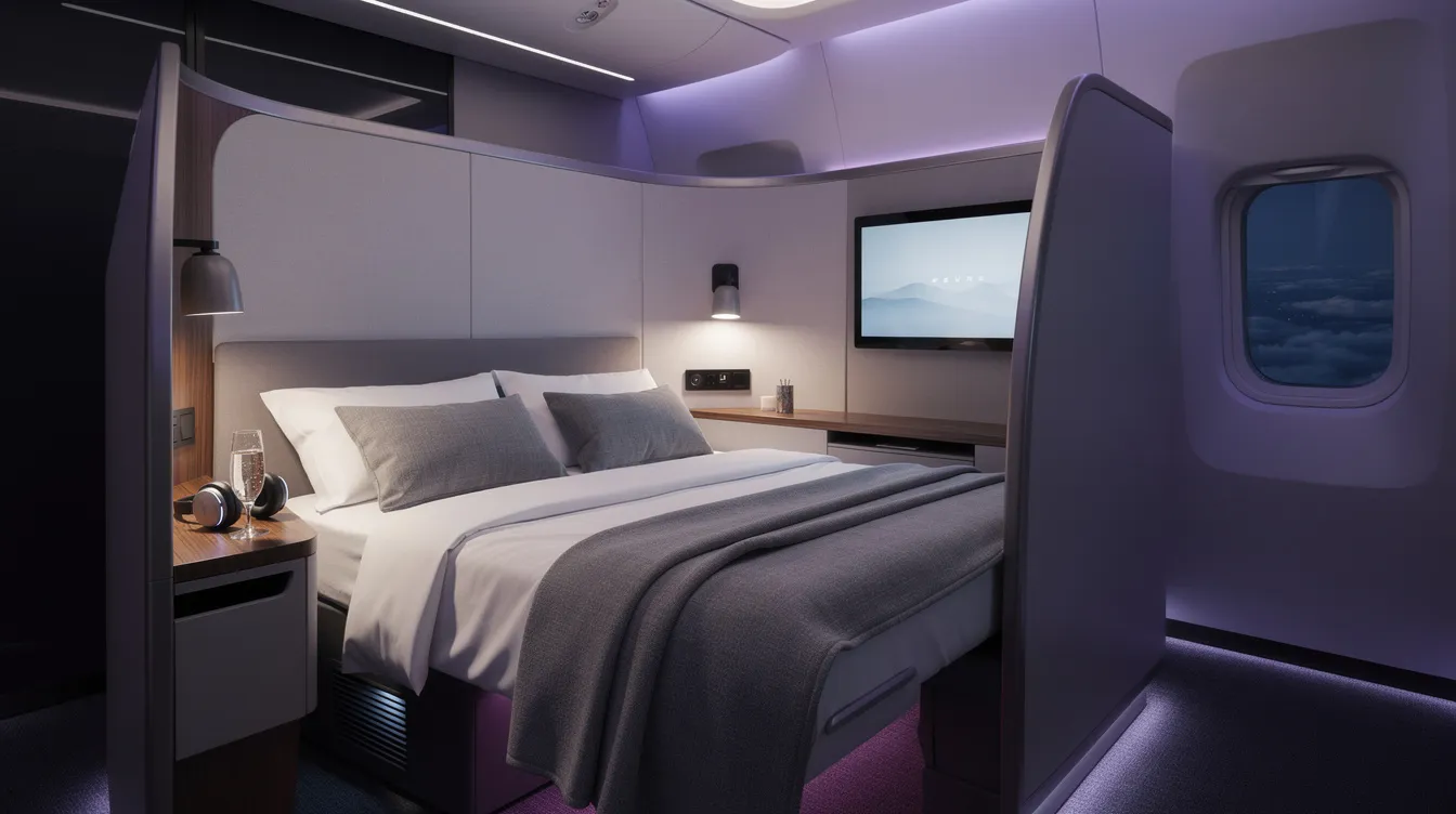 The image depicts a luxurious business class suite on a modern airplane, featuring ambient purple and blue mood lighting, a lie-flat bed, and privacy dividers, designed for ultimate comfort on long haul international flights. This premium cabin offers an exclusive experience for passengers, reminiscent of United Polaris and Delta One offerings.