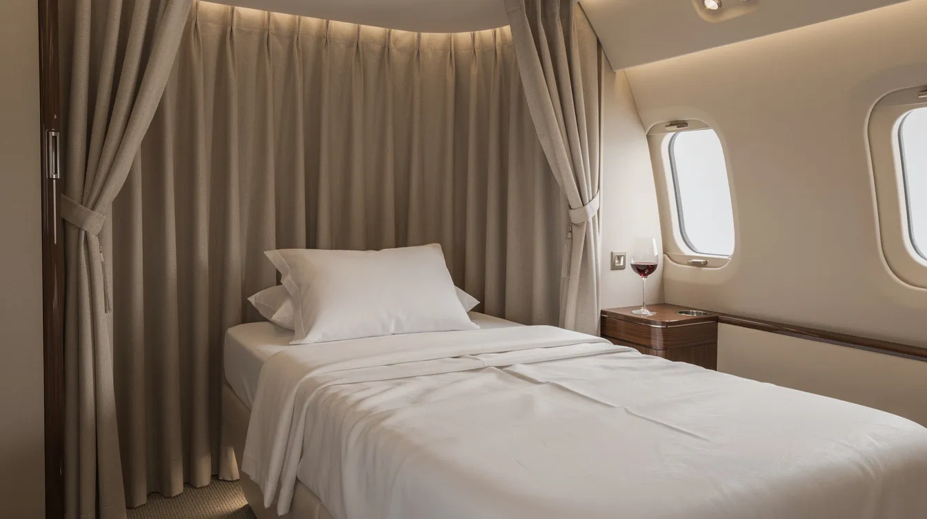 The image showcases a refined first class cabin interior featuring floor-to-ceiling curtains for privacy, a flat bed adorned with fine linens, and a wine glass elegantly placed on a small table, emphasizing the luxurious experience for first class passengers. The overall ambiance reflects the excellence and comfort associated with top-tier airlines like Singapore Airlines and Emirates.