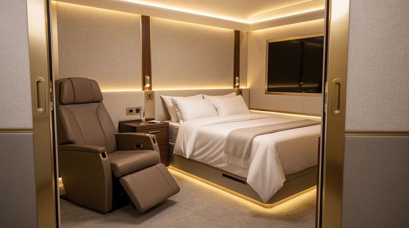 The image depicts the interior of a luxurious first class cabin on a Boeing 777, featuring an enclosed suite with ambient mood lighting, plush seating, and a fully flat bed visible through open sliding doors, showcasing the ultimate in personal space and comfort for first class passengers.