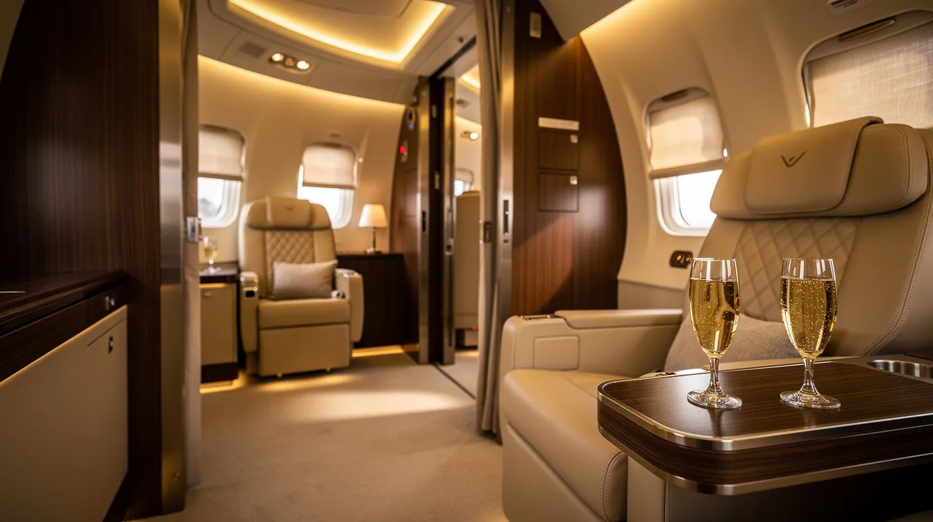 The image depicts an elegant first class cabin of a luxury airplane, featuring warm lighting and partially open enclosed suite doors. On a side table, there are champagne glasses, highlighting the opulence and comfort that first class passengers can expect during their flight.