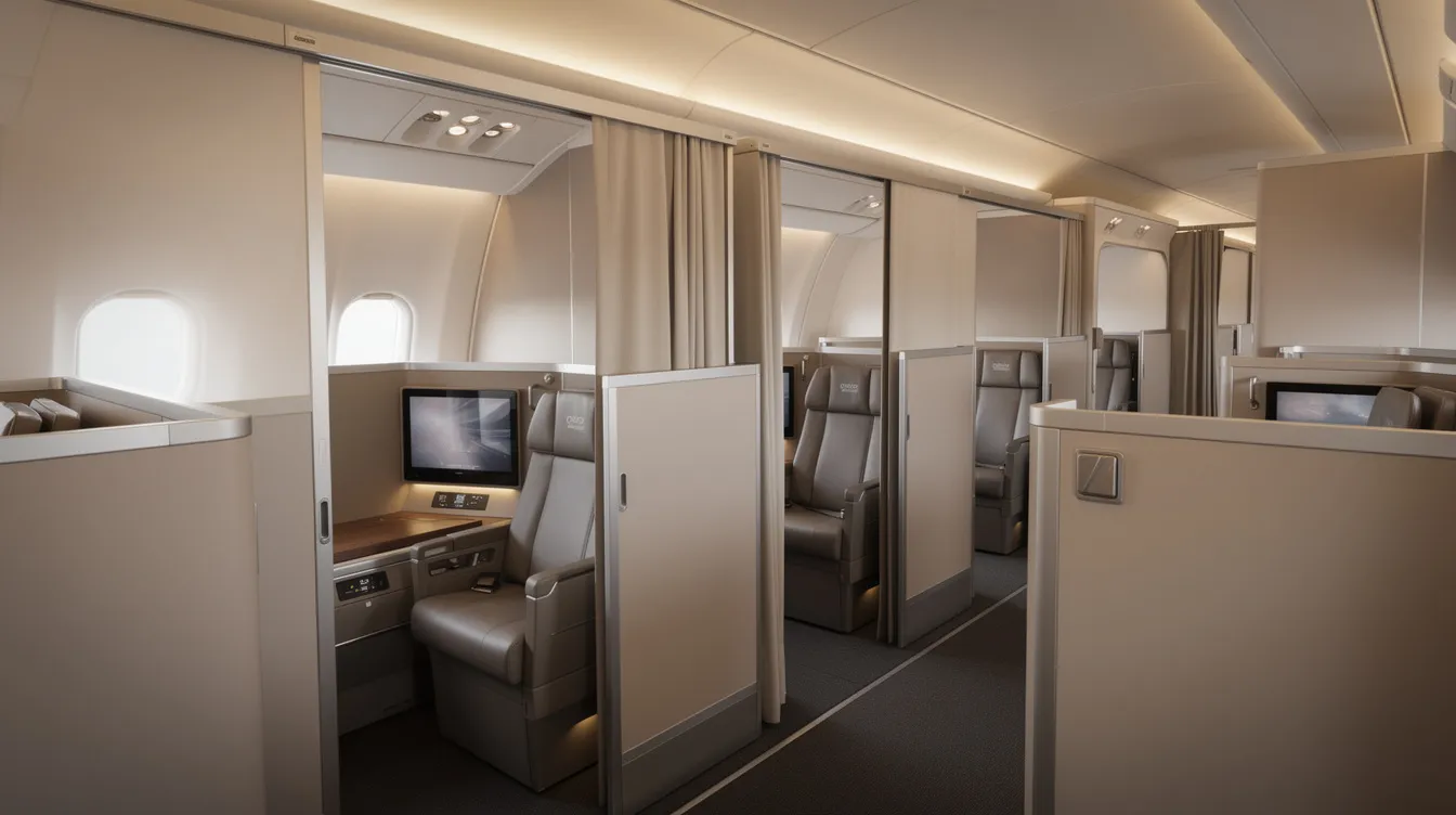 The image showcases a wide-body aircraft interior featuring spacious first class cabins with individual suites, each equipped with sliding privacy doors, providing an exclusive environment for first class passengers. The design emphasizes comfort and luxury, ideal for long haul international flights.