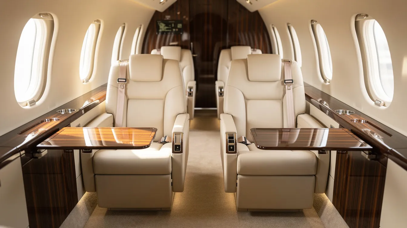 The image depicts the luxurious interior of a private jet, featuring cream leather first class seats and elegant wood-grain accents, illuminated by natural light streaming through oval windows. This spacious cabin offers an inviting atmosphere for first class passengers, emphasizing comfort and premium service during their travels.