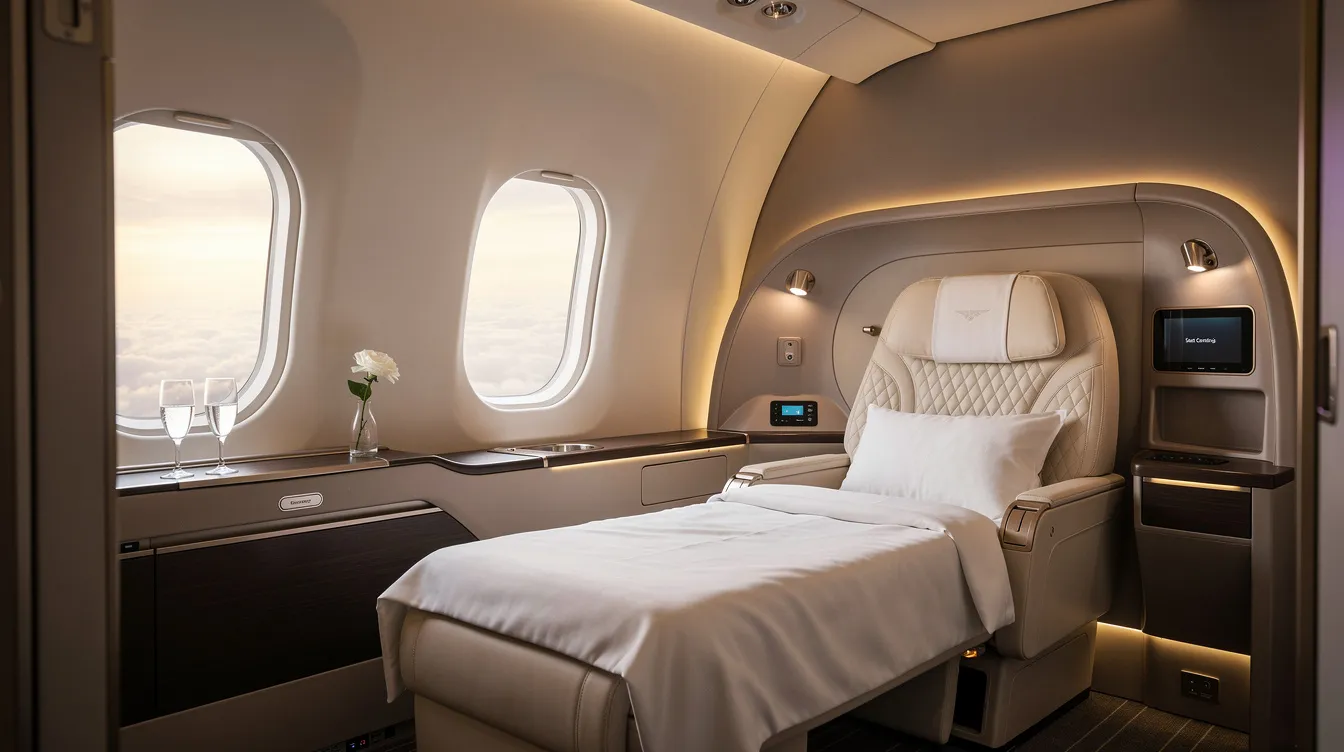 The image depicts a luxurious private airline suite featuring ambient mood lighting and a spacious lie-flat seat, designed for first class passengers. This opulent cabin offers premium service and comfort, ideal for long haul international flights.