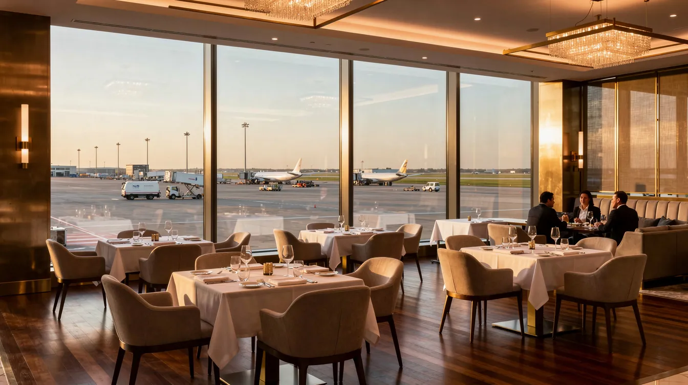 An elegant airport lounge features fine dining tables set against floor-to-ceiling windows, providing a stunning view of the tarmac. This luxurious space is designed for first class passengers, offering a premium service experience before their long haul international flights.