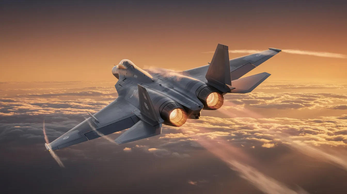 A modern twin-engine fighter jet banks sharply against a dramatic orange sunset sky, showcasing its sleek design and advanced avionics. Below, layers of clouds add depth to the scene, highlighting the aircraft's role as an air superiority fighter in contemporary air combat.