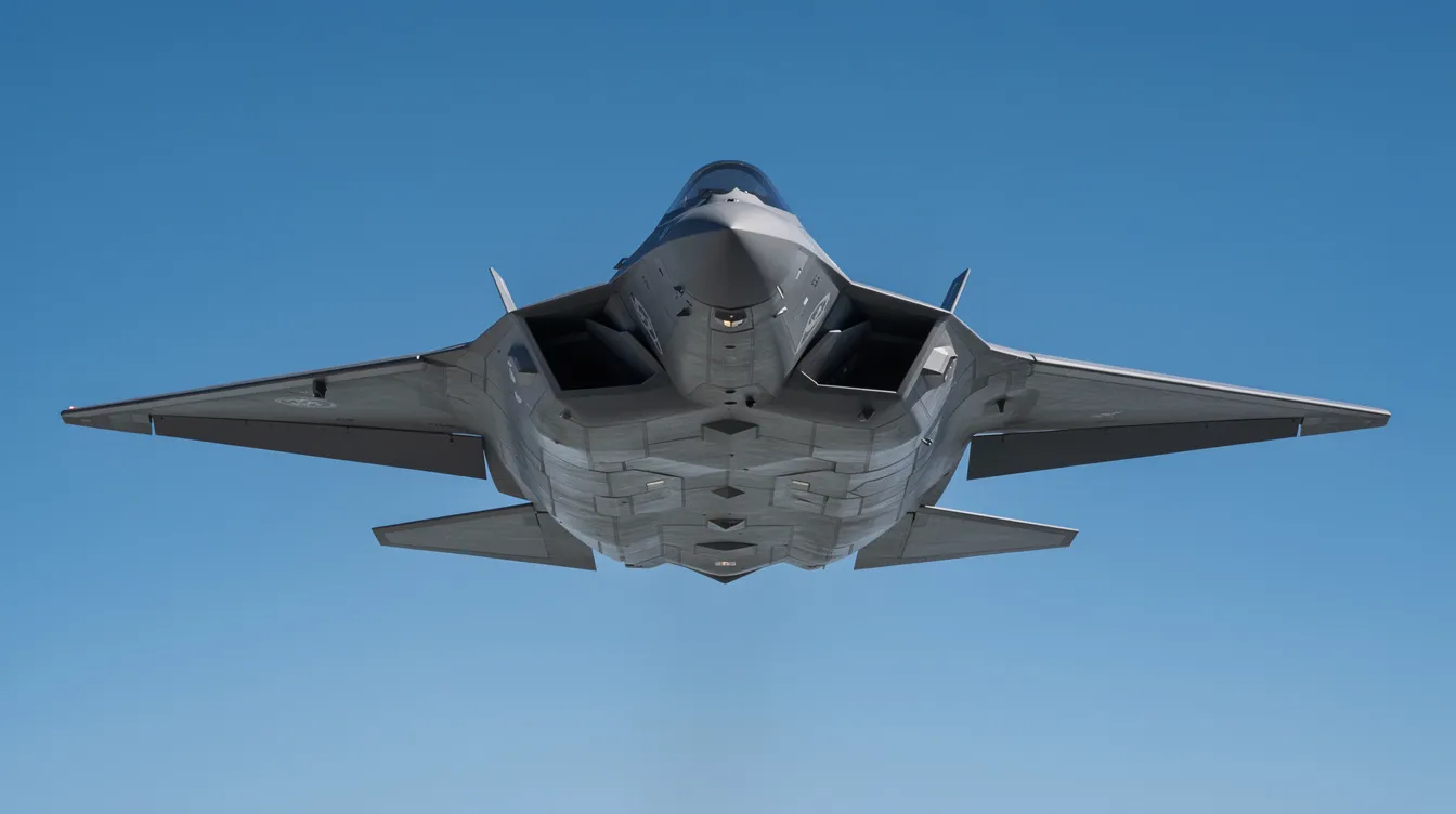 A modern angular stealth fighter jet is captured from below, showcasing its flat underside and sharp geometric edges against a clear blue sky, highlighting its advanced design and stealth technology. This air superiority fighter symbolizes the cutting-edge of military aircraft, built for air combat and ground attack missions.