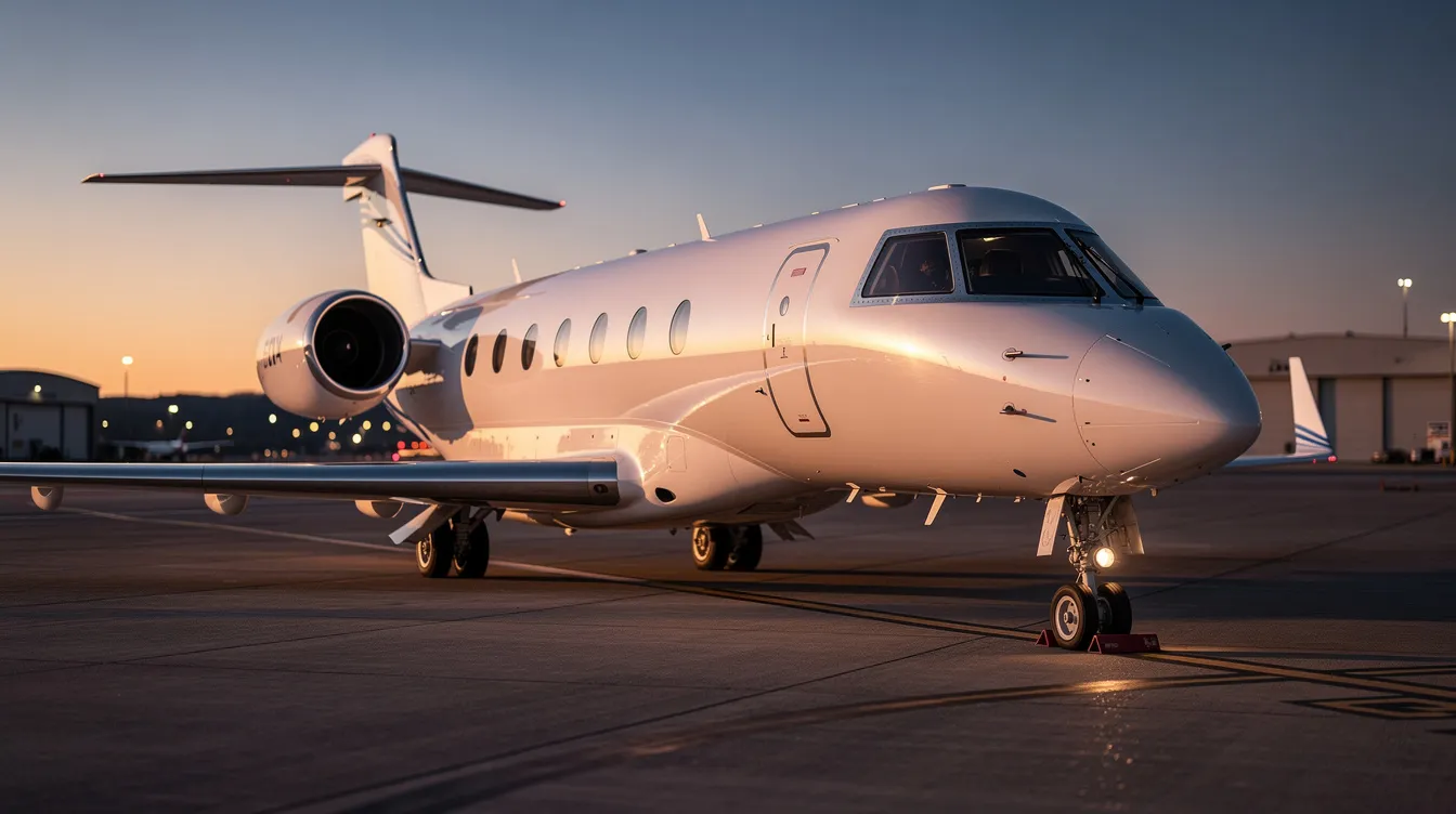An elegant white private business jet is parked on a tarmac at dusk, with warm golden light reflecting off its sleek fuselage, creating a striking contrast against the evening sky. This luxurious aircraft, reminiscent of modern jets, stands out as a symbol of sophistication and high-speed travel.