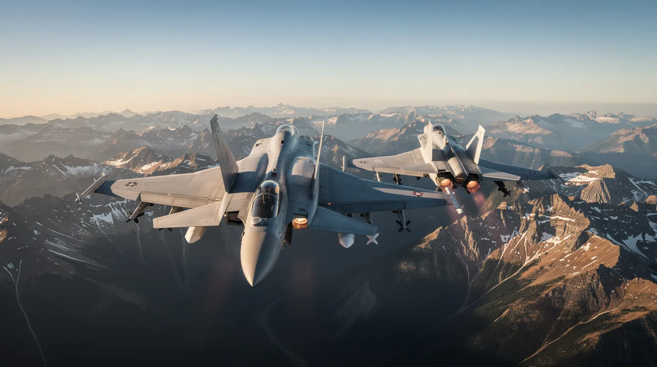Two military fighter jets, including a Eurofighter Typhoon, are flying in formation over rugged mountainous terrain, showcasing their capabilities in air superiority and security verification. The jets, known for their speed and agility, represent some of the most advanced aircraft in the world today.