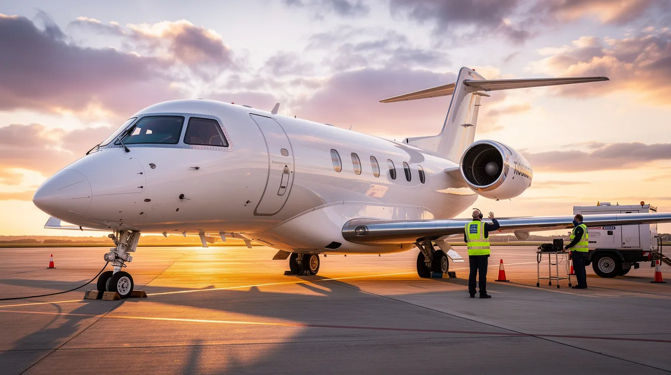 A sleek private jet is parked on a tarmac at sunset, with a ground crew nearby performing security verification. The jet, known for its exceptional speed and capabilities, stands out as one of the most expensive aircraft in the world today.