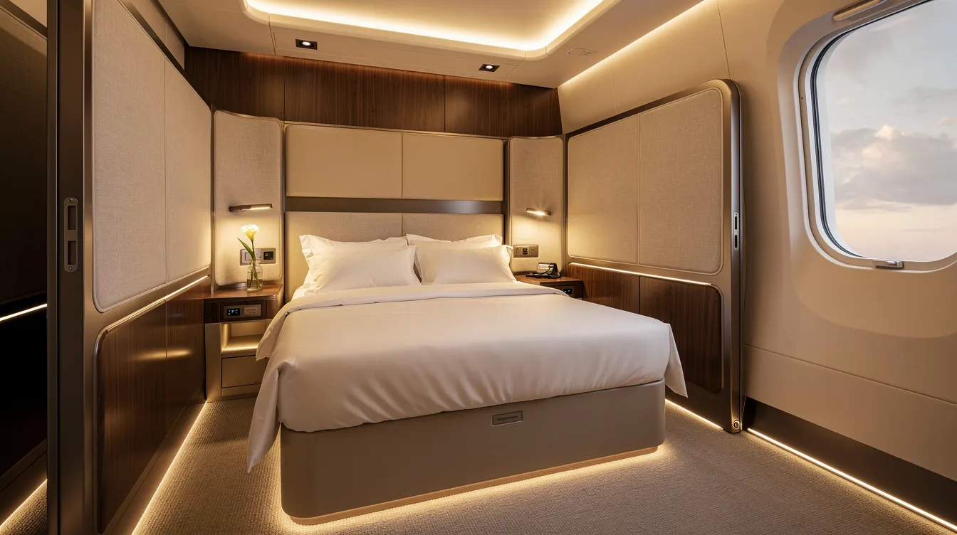 The image showcases a luxurious first class suite interior featuring warm lighting and a wide flat bed, designed for maximum comfort and personal space for first class passengers. This elegant cabin offers direct aisle access and excellent bedding, ensuring a pleasant flight experience on long haul international routes.