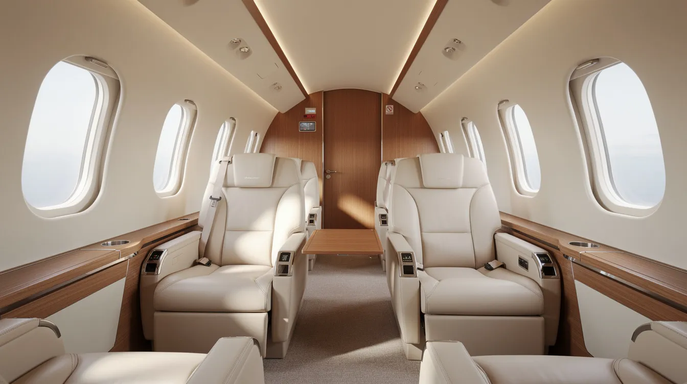 The image depicts the luxurious interior of a private jet cabin, featuring plush leather seating and ample natural light streaming through the windows, creating an inviting atmosphere for first class passengers. This spacious cabin offers a premium experience with personal space and direct aisle access, reminiscent of the best first class seats on long haul international routes.