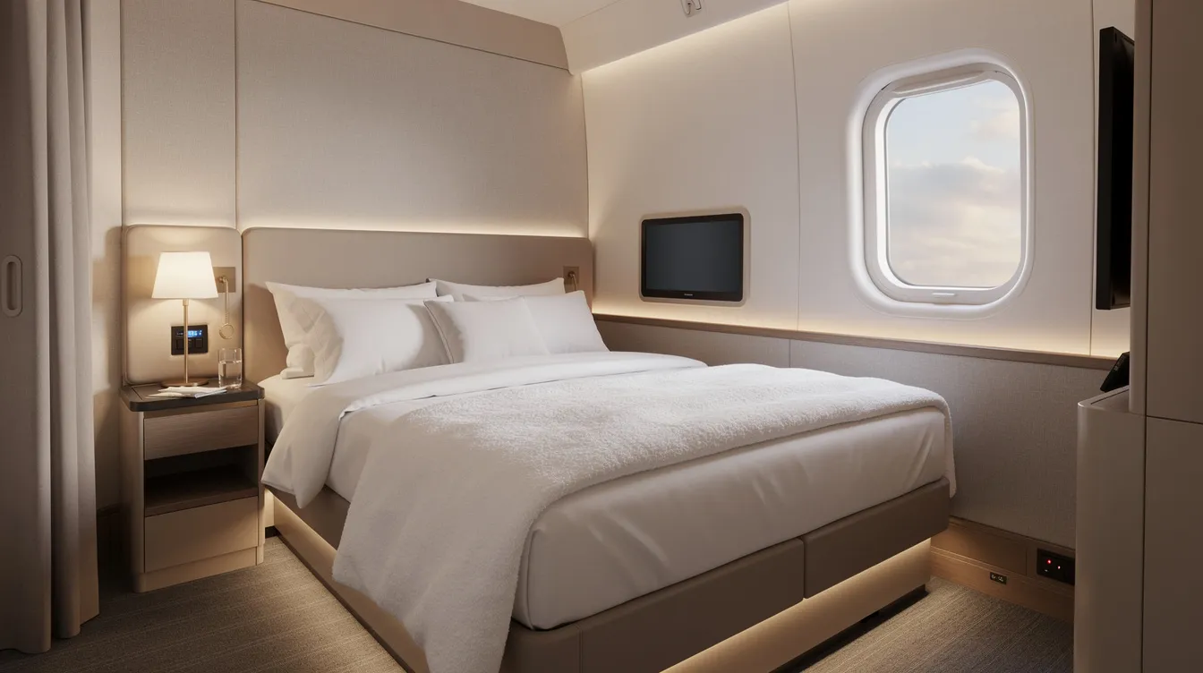 The image features a luxurious wide double bed configuration inside a first class suite, adorned with soft white linens, offering a serene and comfortable space for first class passengers. This elegant setup emphasizes personal space and comfort, ideal for a pleasant flight experience.
