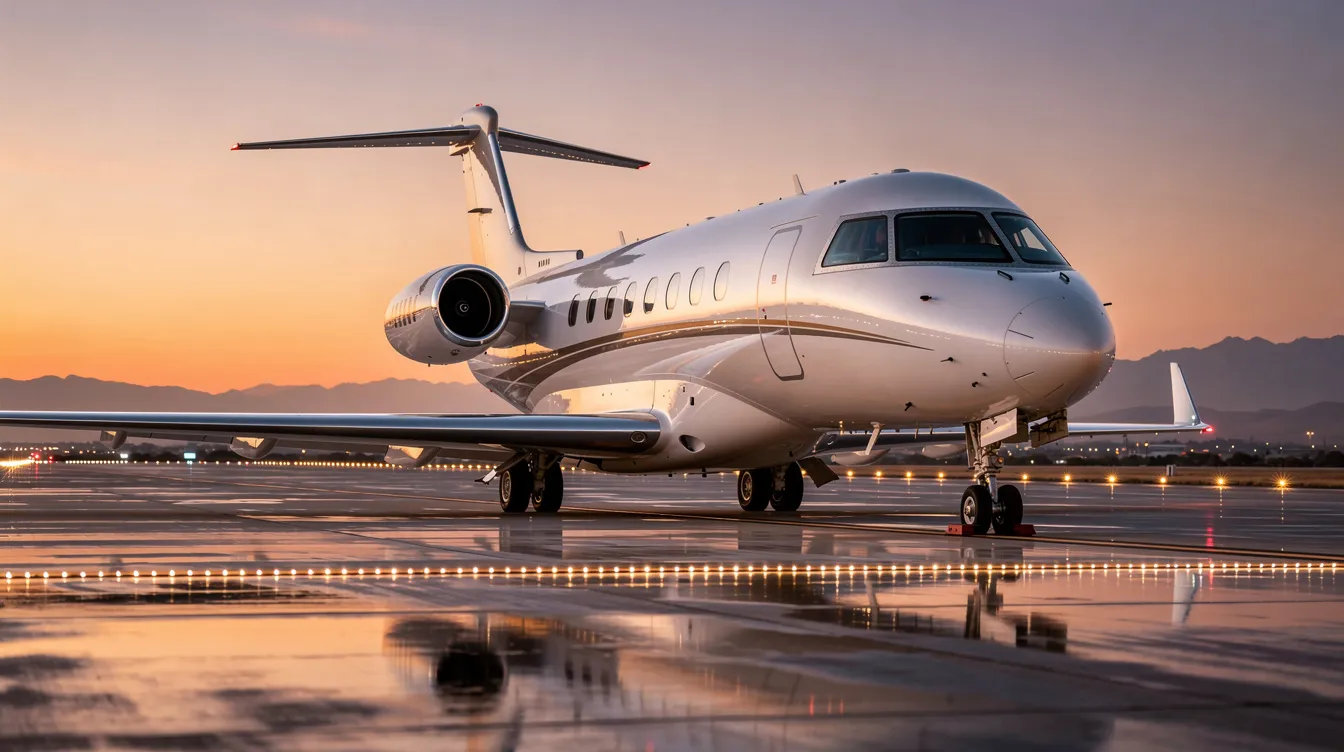The image features a sleek private jet, showcasing its luxurious exterior and streamlined design, ideal for business travelers seeking comfort and style. Inside, the jet boasts spacious first class seats with ample legroom, emphasizing a premium cabin experience for long haul international flights.