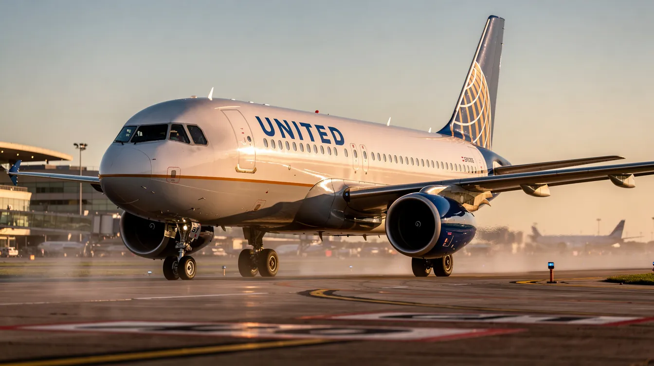 The image depicts a United Airlines plane, showcasing its sleek exterior and branding. Inside, the cabin features spacious first class seats designed for comfort, complete with amenities for business travelers on long haul international flights.