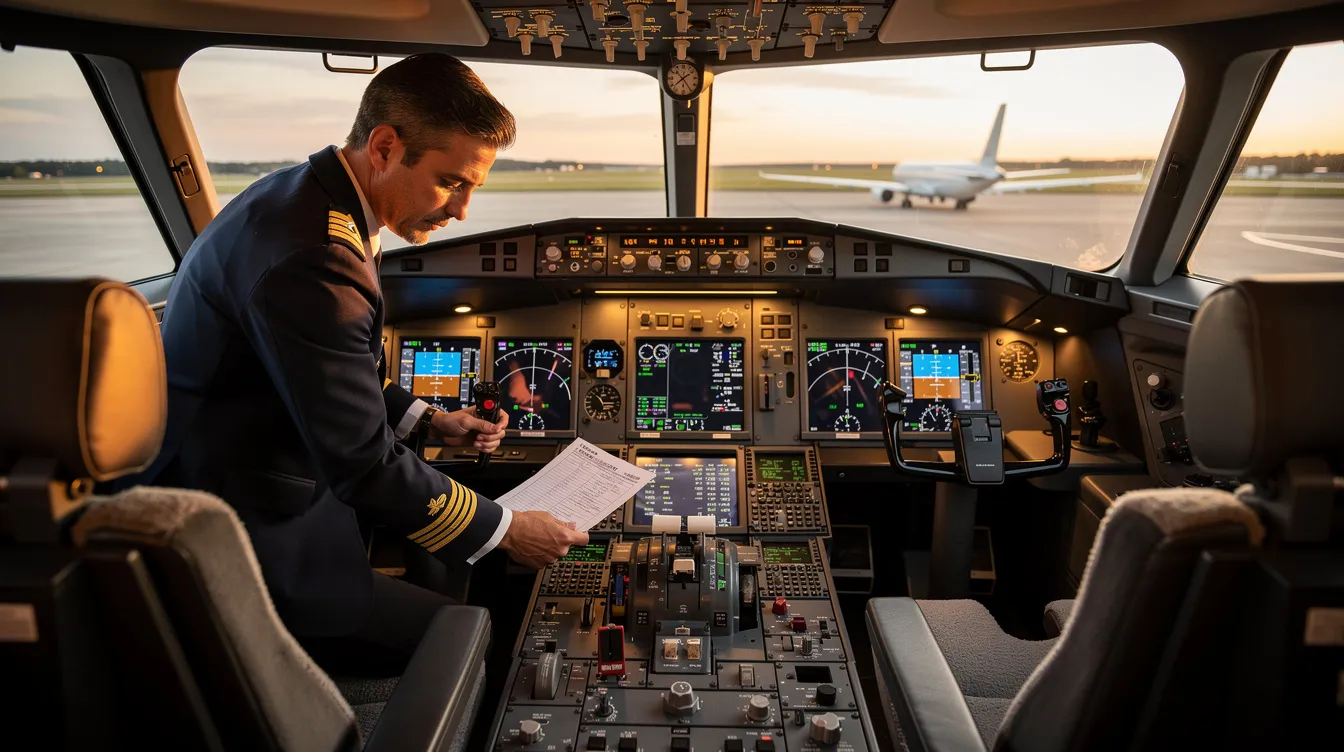 A pilot is conducting pre-flight safety checks inside the cockpit of a private jet, ensuring all systems are functioning properly before takeoff. The cockpit is equipped with various instruments and controls, highlighting the importance of safety in aviation operations for both domestic and international flights.