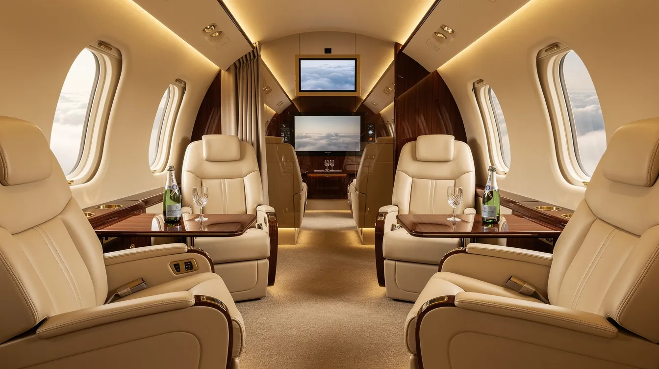 The image depicts the interior of a luxurious private jet cabin, featuring plush leather seats and soft ambient lighting, creating an inviting atmosphere for passengers. This high-end space offers a premium experience reminiscent of first-class service on major airlines like American Airlines and Delta.