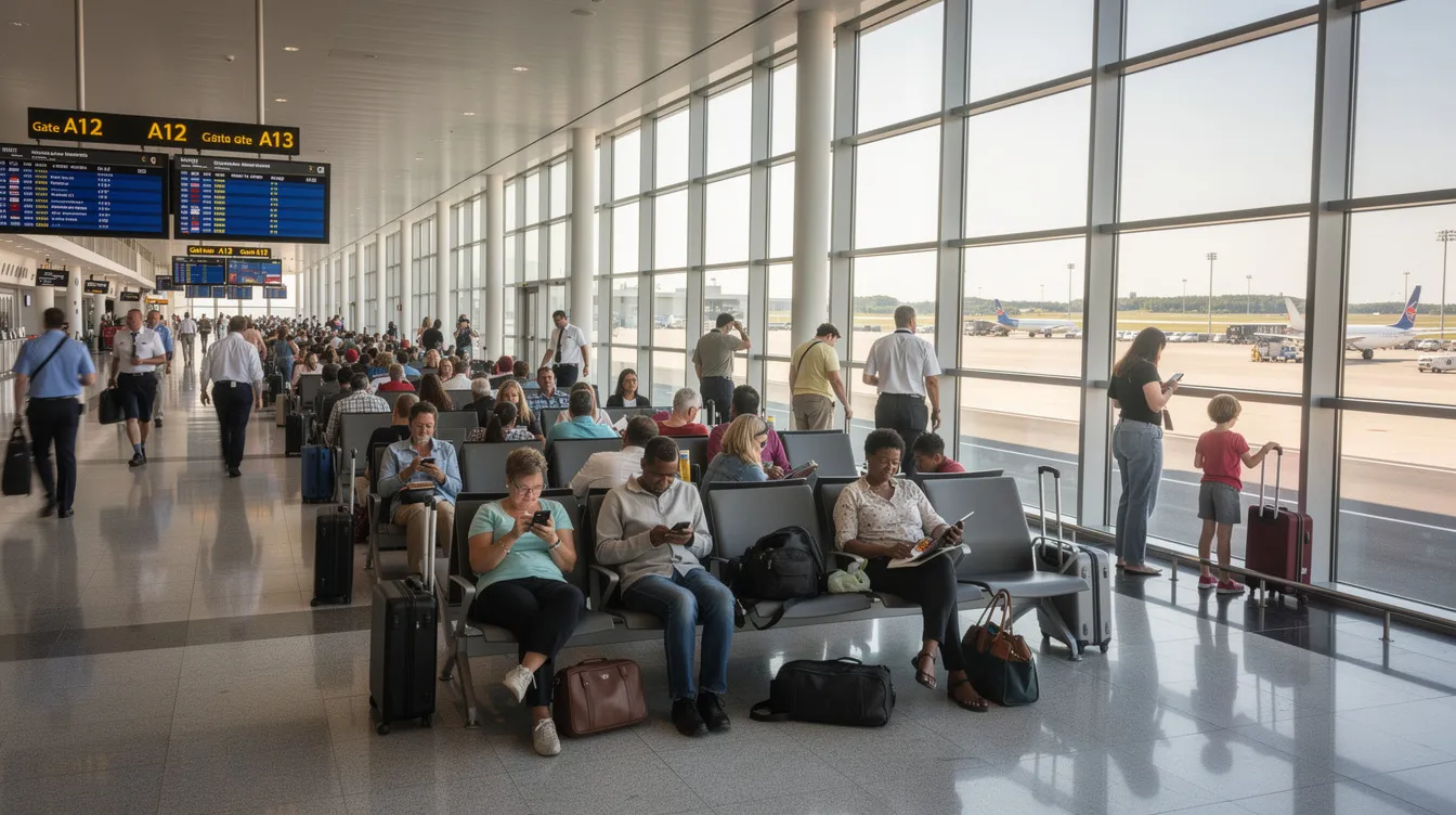 The image depicts a bustling commercial airport terminal filled with passengers waiting at various gates for their domestic and international flights. Among the crowd, you can spot travelers preparing to board airlines such as American Airlines, Delta, and Southwest Airlines, all eager to reach their destinations.