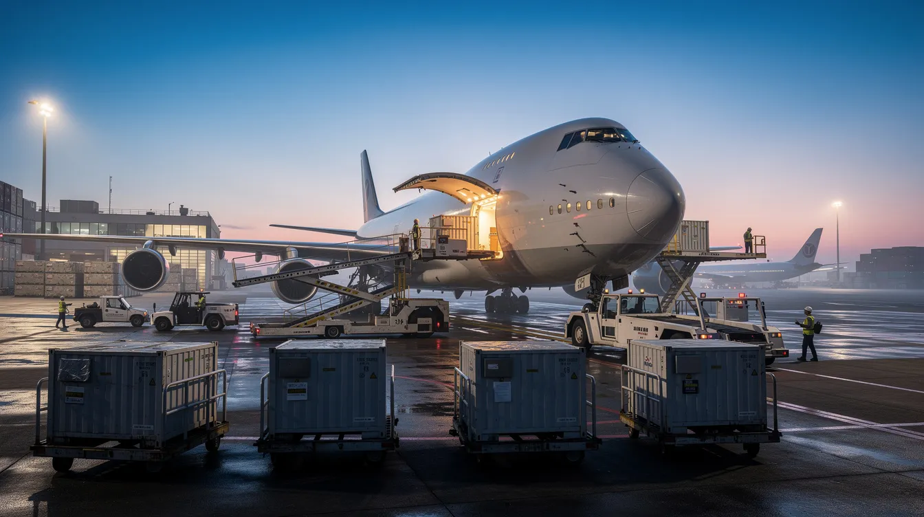 A large cargo freighter aircraft is being loaded with containers at a freight terminal, illuminated by the soft light of early morning. This scene highlights the vital role of cargo airlines in the aviation industry, facilitating efficient air transport services for international destinations.