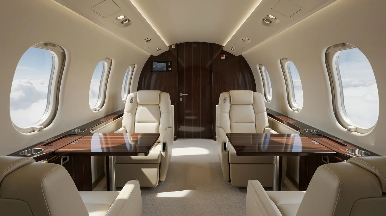 The image depicts the interior of a modern private jet cabin featuring cream leather seats, elegant wood accents, and large windows revealing a view of fluffy clouds outside. This luxurious space is designed for comfort, catering to business travelers and those seeking an exclusive flying experience in the aviation industry.